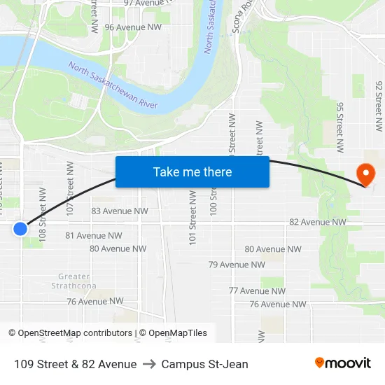 109 Street & 82 Avenue to Campus St-Jean map
