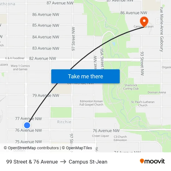 99 Street & 76 Avenue to Campus St-Jean map