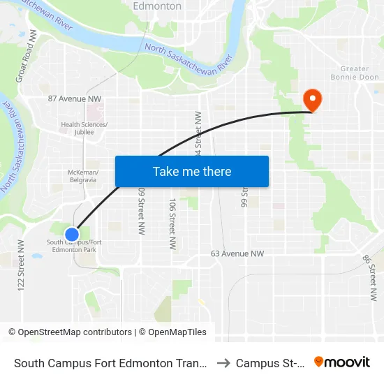 South Campus Fort Edmonton Transit Centre to Campus St-Jean map