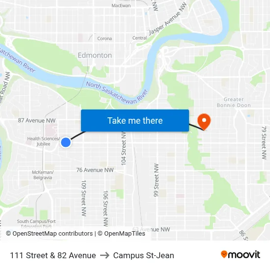 111 Street & 82 Avenue to Campus St-Jean map