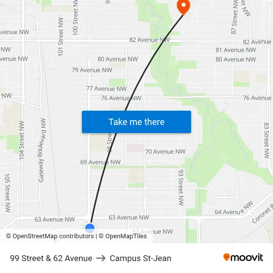 99 Street & 62 Avenue to Campus St-Jean map
