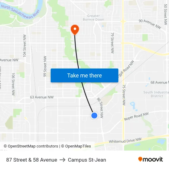87 Street & 58 Avenue to Campus St-Jean map