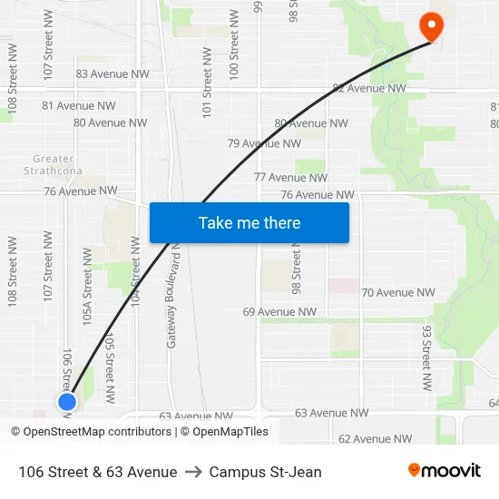 106 Street & 63 Avenue to Campus St-Jean map