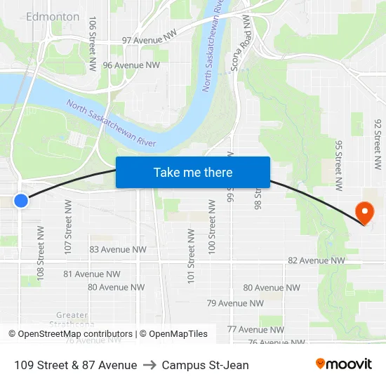 109 Street & 87 Avenue to Campus St-Jean map