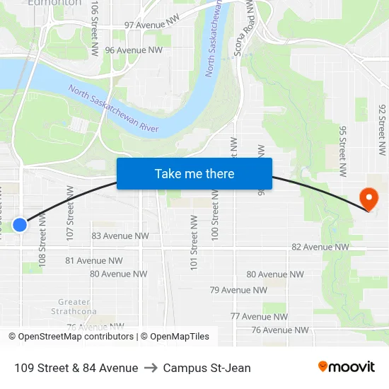 109 Street & 84 Avenue to Campus St-Jean map