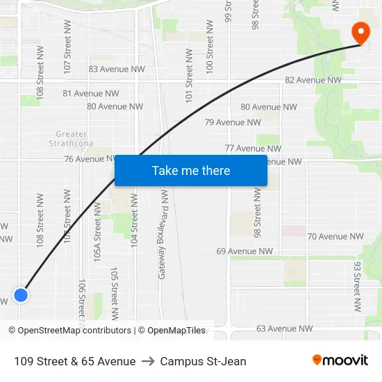 109 Street & 65 Avenue to Campus St-Jean map