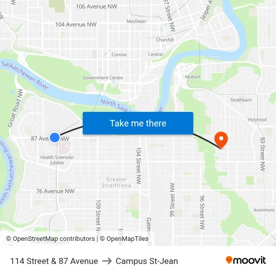 114 Street & 87 Avenue to Campus St-Jean map