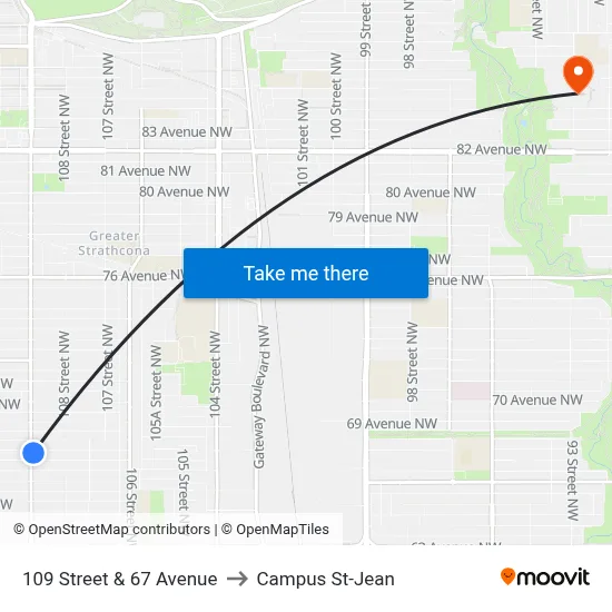 109 Street & 67 Avenue to Campus St-Jean map