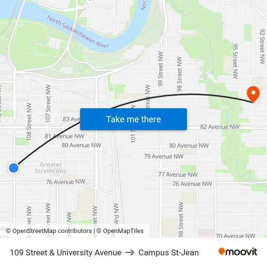 109 Street & University Avenue to Campus St-Jean map