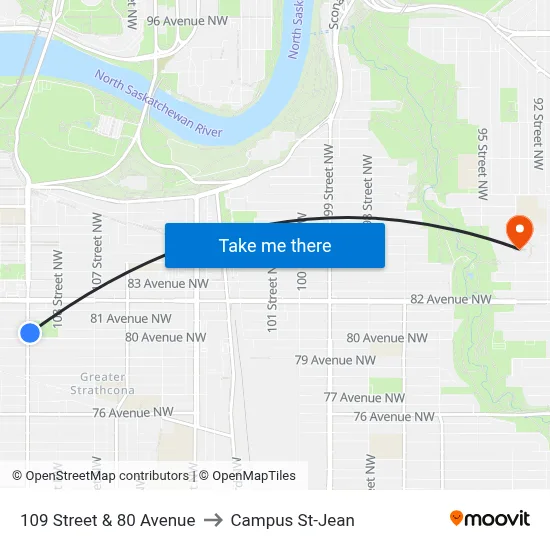 109 Street & 80 Avenue to Campus St-Jean map