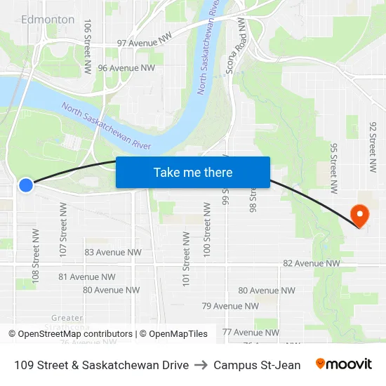 109 Street & Saskatchewan Drive to Campus St-Jean map