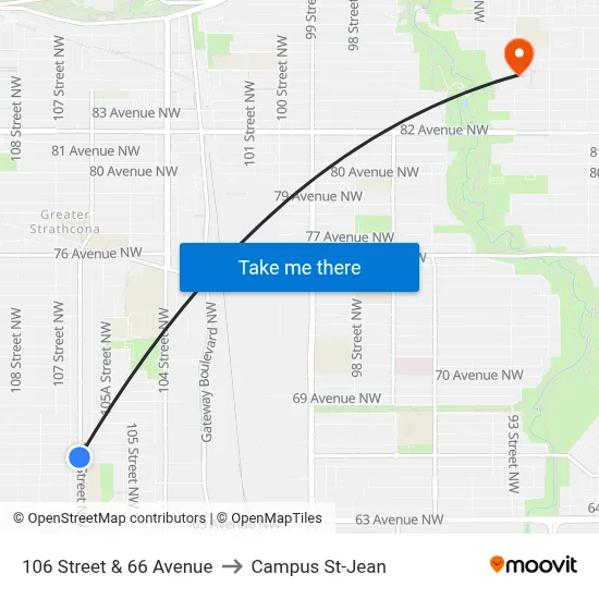 106 Street & 66 Avenue to Campus St-Jean map
