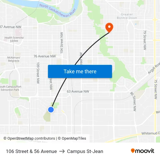 106 Street & 56 Avenue to Campus St-Jean map