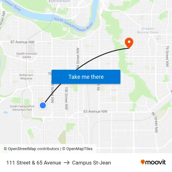 111 Street & 65 Avenue to Campus St-Jean map