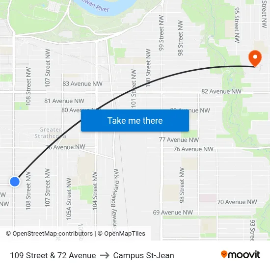 109 Street & 72 Avenue to Campus St-Jean map