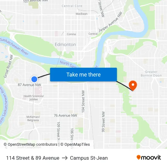 114 Street & 89 Avenue to Campus St-Jean map