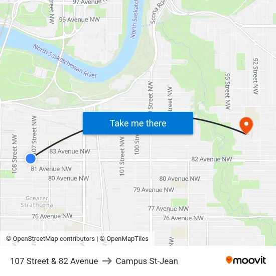 107 Street & 82 Avenue to Campus St-Jean map