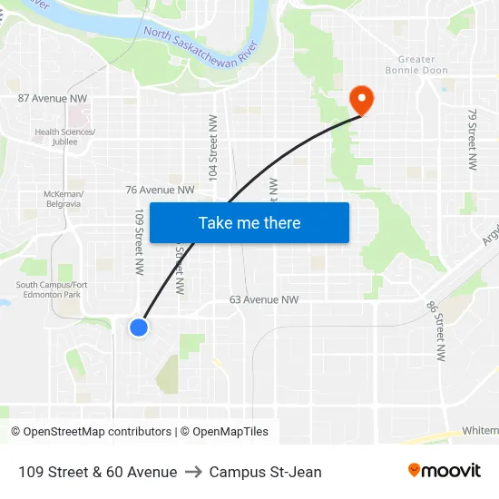 109 Street & 60 Avenue to Campus St-Jean map