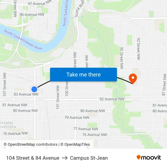 104 Street & 84 Avenue to Campus St-Jean map