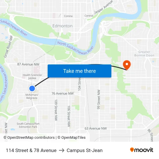 114 Street & 78 Avenue to Campus St-Jean map
