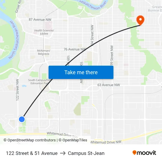 122 Street & 51 Avenue to Campus St-Jean map
