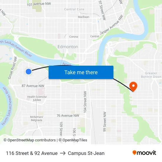 116 Street & 92 Avenue to Campus St-Jean map