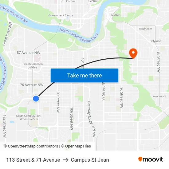113 Street & 71 Avenue to Campus St-Jean map