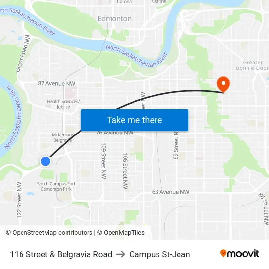 116 Street & Belgravia Road to Campus St-Jean map