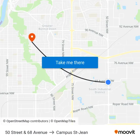 50 Street & 68 Avenue to Campus St-Jean map