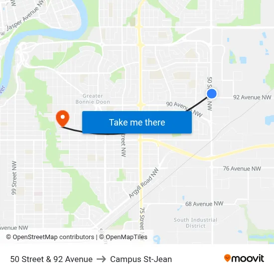 50 Street & 92 Avenue to Campus St-Jean map