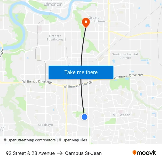 92 Street & 28 Avenue to Campus St-Jean map
