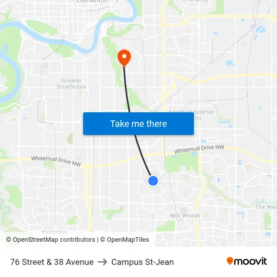 76 Street & 38 Avenue to Campus St-Jean map