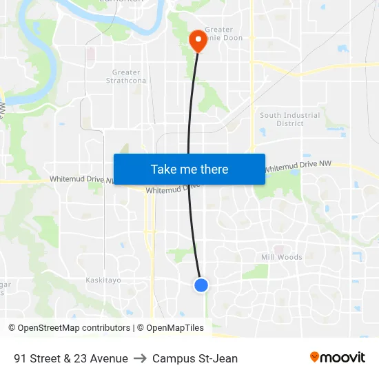 91 Street & 23 Avenue to Campus St-Jean map