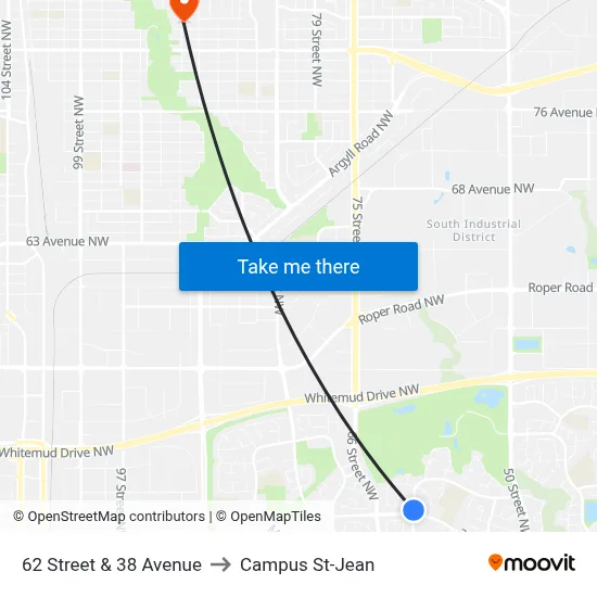 62 Street & 38 Avenue to Campus St-Jean map