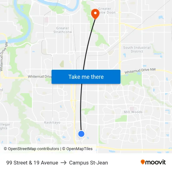 99 Street & 19 Avenue to Campus St-Jean map