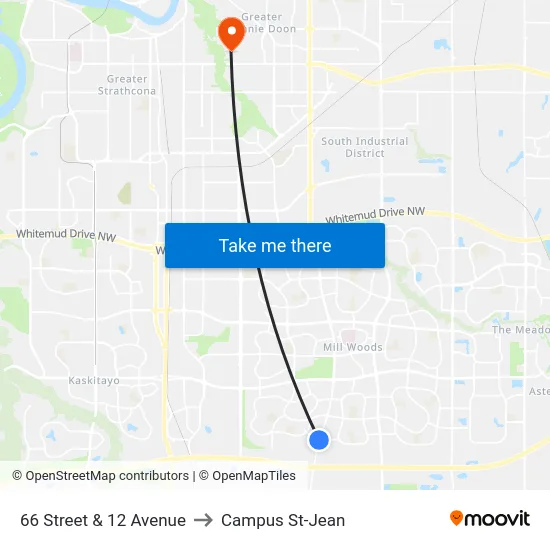 66 Street & 12 Avenue to Campus St-Jean map