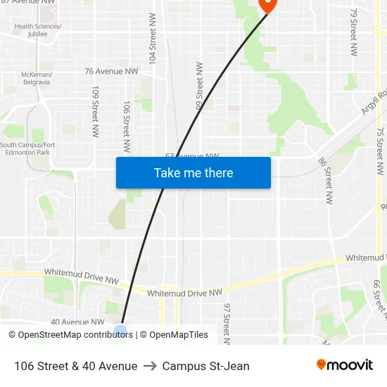 106 Street & 40 Avenue to Campus St-Jean map