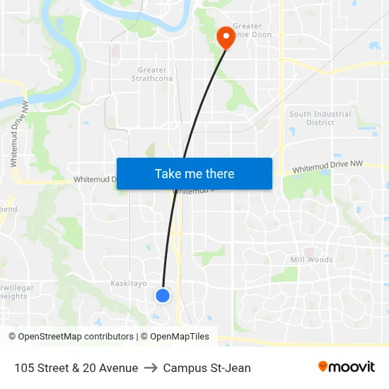 105 Street & 20 Avenue to Campus St-Jean map