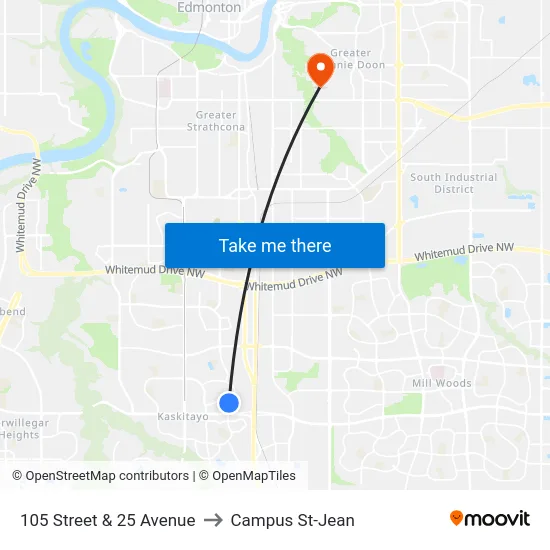 105 Street & 25 Avenue to Campus St-Jean map