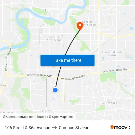 106 Street & 36a Avenue to Campus St-Jean map