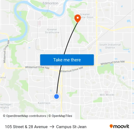 105 Street & 28 Avenue to Campus St-Jean map