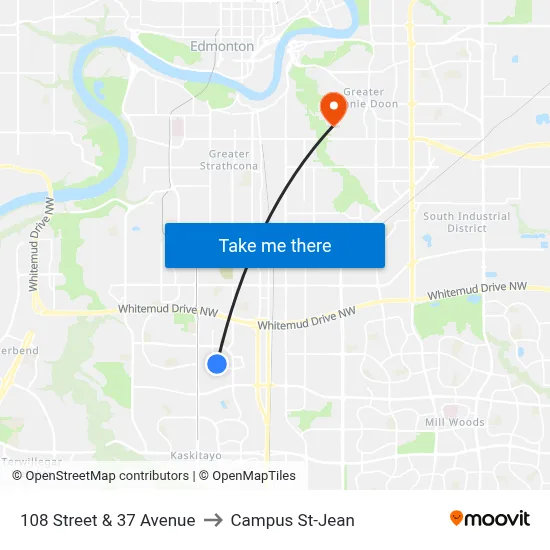 108 Street & 37 Avenue to Campus St-Jean map