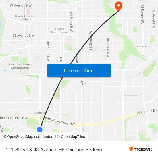 111 Street & 43 Avenue to Campus St-Jean map