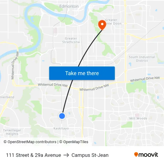 111 Street & 29a Avenue to Campus St-Jean map