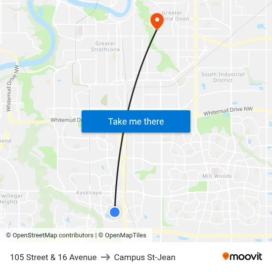105 Street & 16 Avenue to Campus St-Jean map