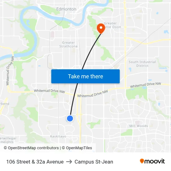 106 Street & 32a Avenue to Campus St-Jean map