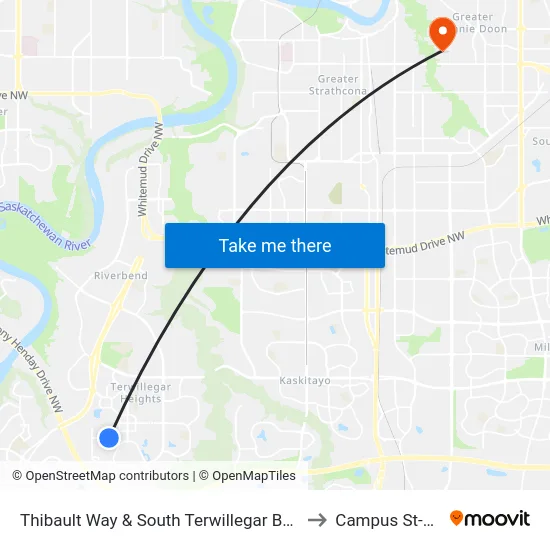 Thibault Way & South Terwillegar Boulevard to Campus St-Jean map