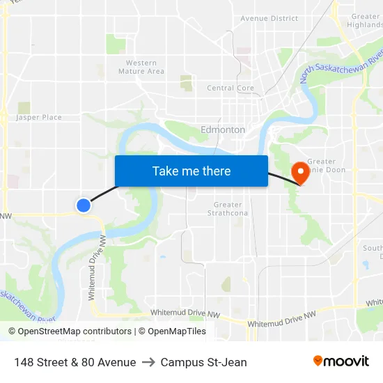 148 Street & 80 Avenue to Campus St-Jean map