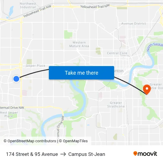 174 Street & 95 Avenue to Campus St-Jean map