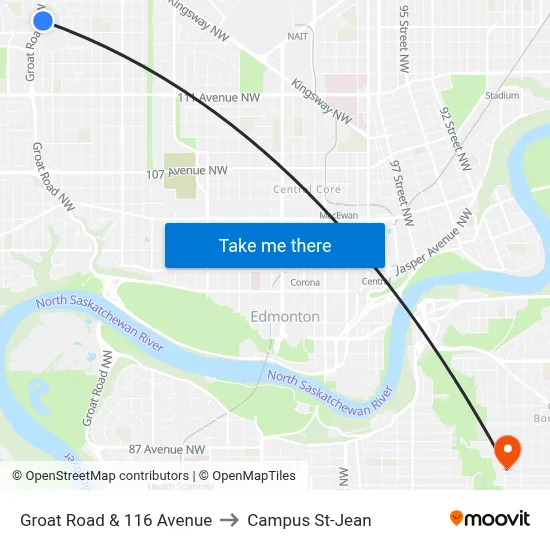 Groat Road & 116 Avenue to Campus St-Jean map